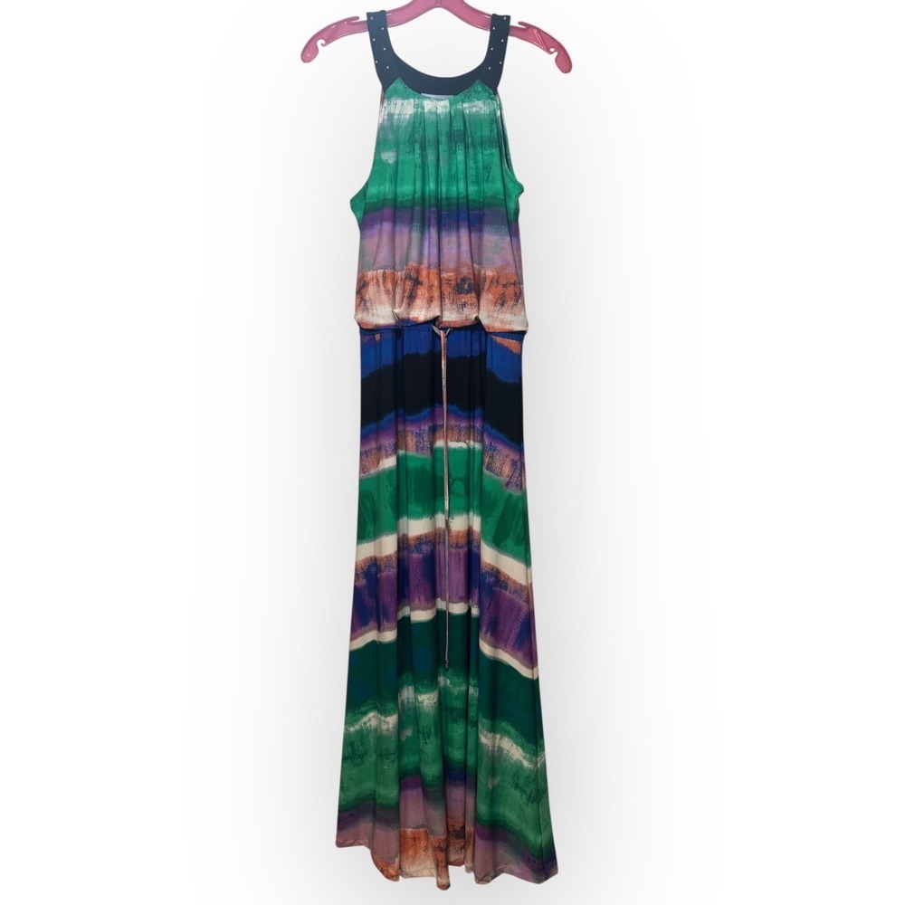 Calvin Klein Maxi Dress Women's M Green Purple Drawstring Halter Neck Sleeveless
